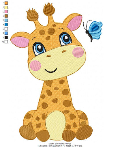 Giraffe Boy and Girl and Butterfly - Fill Stitch - Set of 2 designs
