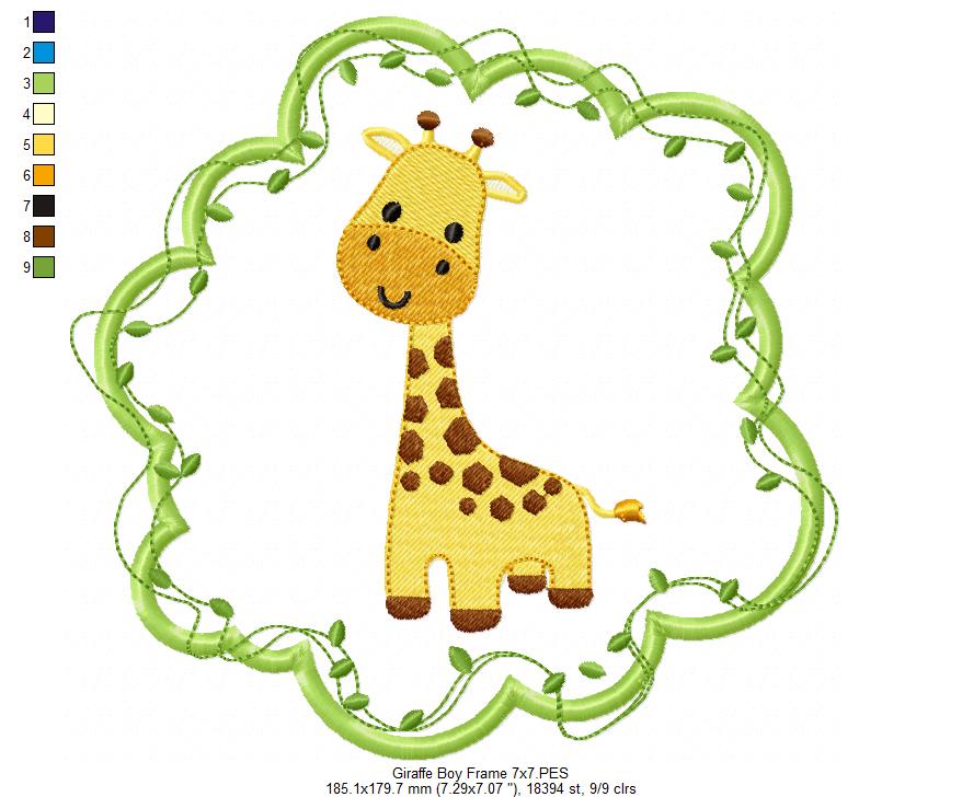Safari Giraffe Boy Frame - Applique - Machine Embroidery Design