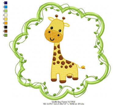 Safari Giraffe Boy Frame - Applique - Machine Embroidery Design