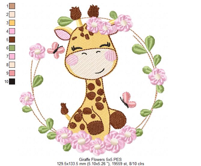 Safari Giraffe Girl and Flowers - Rippled Stitch - Machine Embroidery Design