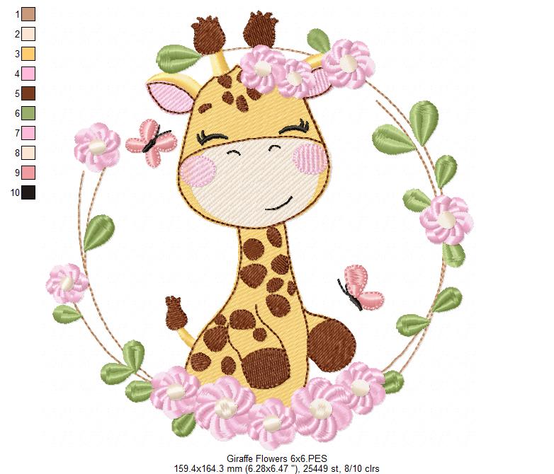 Safari Giraffe Girl and Flowers - Rippled Stitch - Machine Embroidery Design