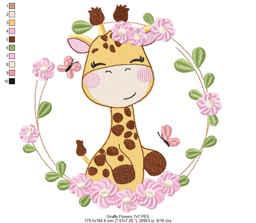 Safari Giraffe Girl and Flowers - Rippled Stitch - Machine Embroidery Design