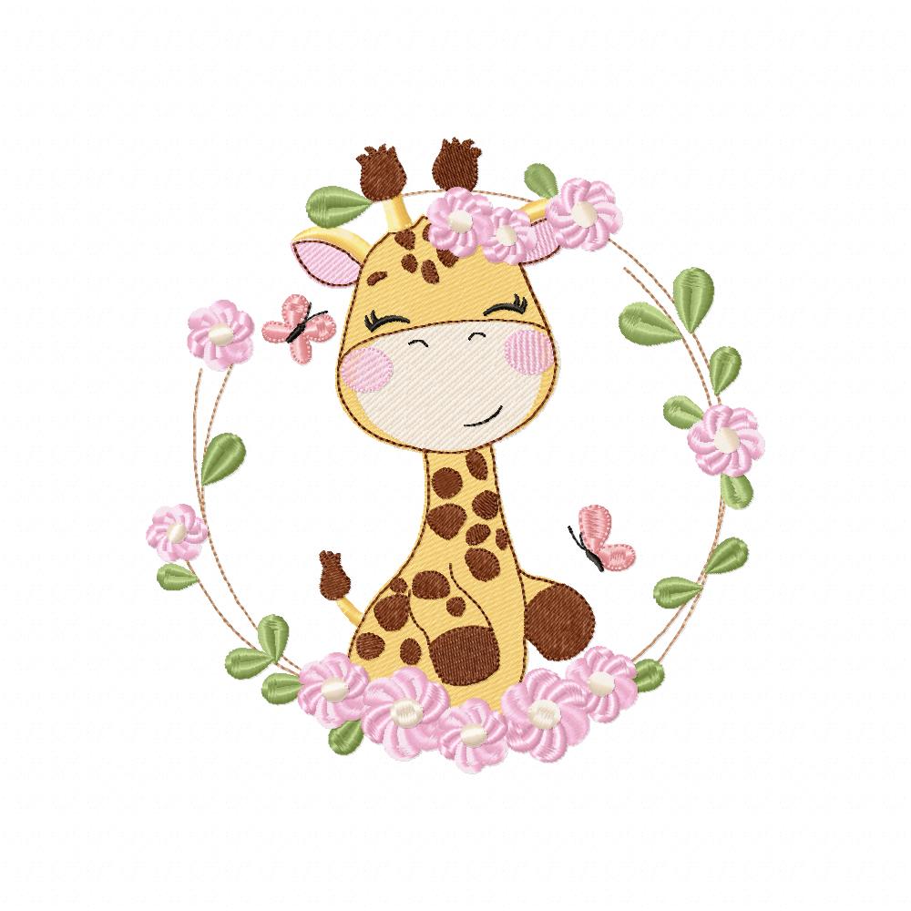 Safari Giraffe Girl and Flowers - Rippled Stitch - Machine Embroidery Design