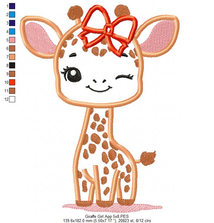Giraffe Girl Blinking - Applique - Machine Embroidery Design