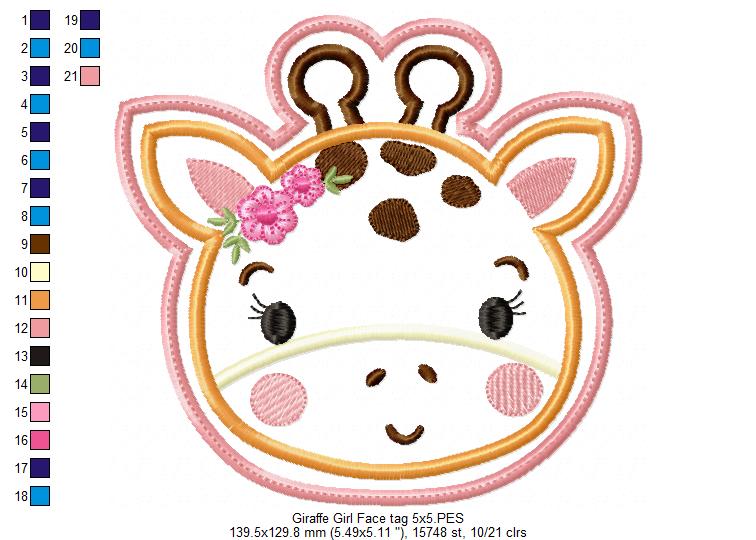 Giraffe Girl Face Tag - ITH Project - Machine Embroidery Design
