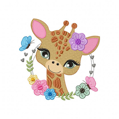 Safari Giraffe Girl Flowers - Fill Stitch - Machine Embroidery Design