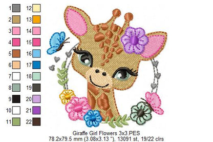 Safari Giraffe Girl Flowers - Fill Stitch - Machine Embroidery Design