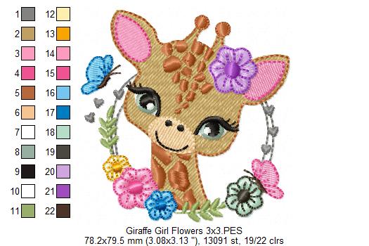 Safari Giraffe Girl Flowers - Fill Stitch - Machine Embroidery Design