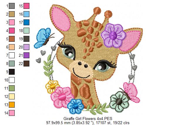 Safari Giraffe Girl Flowers - Fill Stitch - Machine Embroidery Design