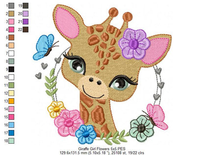 Safari Giraffe Girl Flowers - Fill Stitch - Machine Embroidery Design
