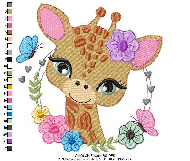 Safari Giraffe Girl Flowers - Fill Stitch - Machine Embroidery Design