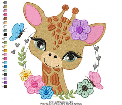 Safari Giraffe Girl Flowers - Fill Stitch - Machine Embroidery Design