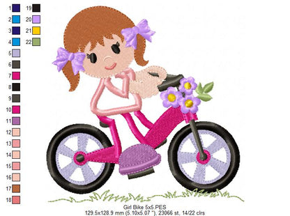 Girl Riding a Bicycle - Applique - Machine Embroidery Design