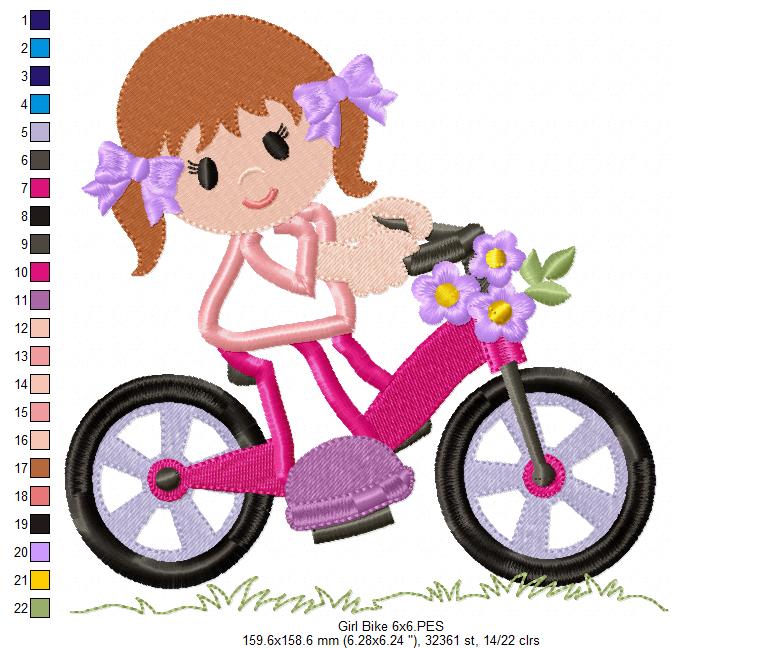 Girl Riding a Bicycle - Applique - Machine Embroidery Design