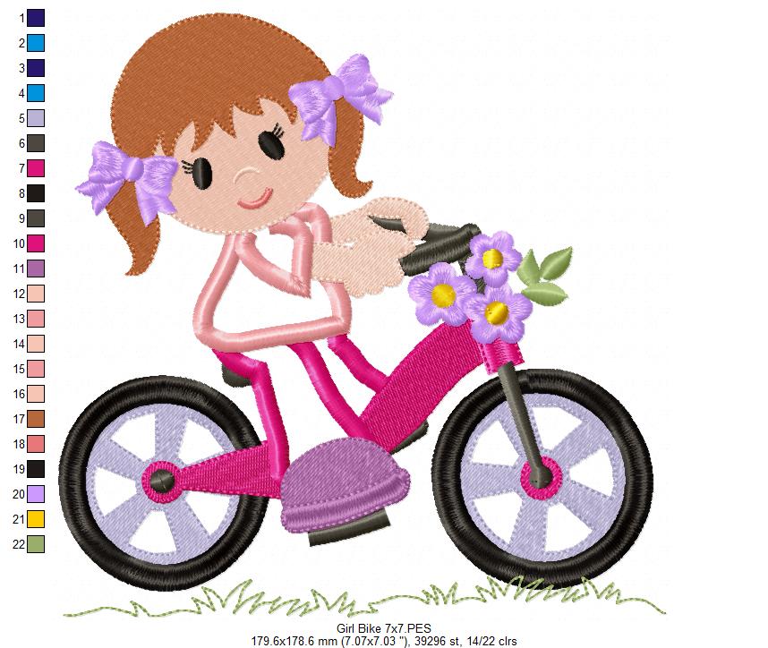 Girl Riding a Bicycle - Applique - Machine Embroidery Design