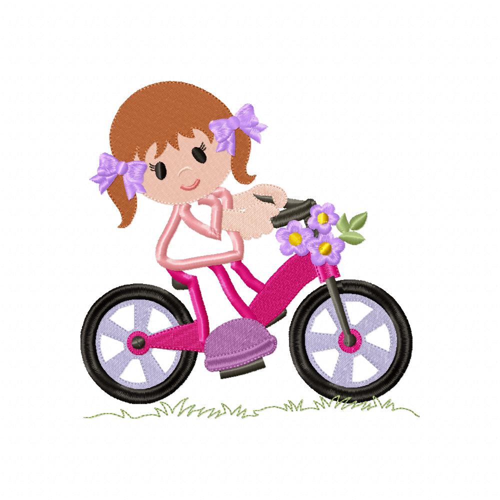 Girl Riding a Bicycle - Applique - Machine Embroidery Design