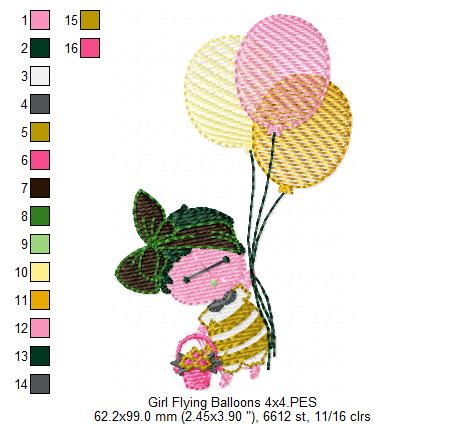Baby Girl Flying Balloons - Fill Stitch Embroidery