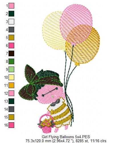 Baby Girl Flying Balloons - Fill Stitch Embroidery