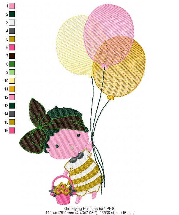 Baby Girl Flying Balloons - Fill Stitch Embroidery