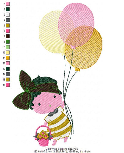 Baby Girl Flying Balloons - Fill Stitch Embroidery