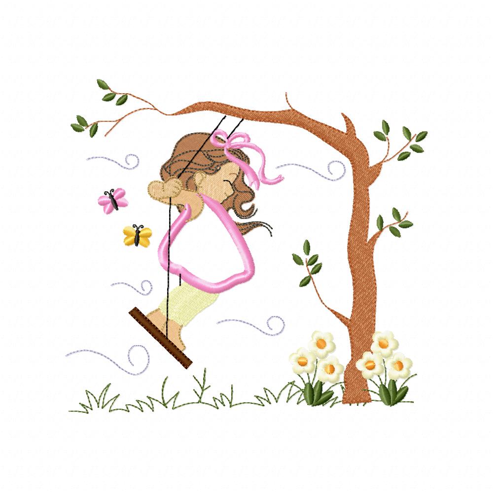 Girl on Garden Swing - Applique - Machine Embroidery Design