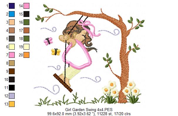 Girl on Garden Swing - Applique - Machine Embroidery Design