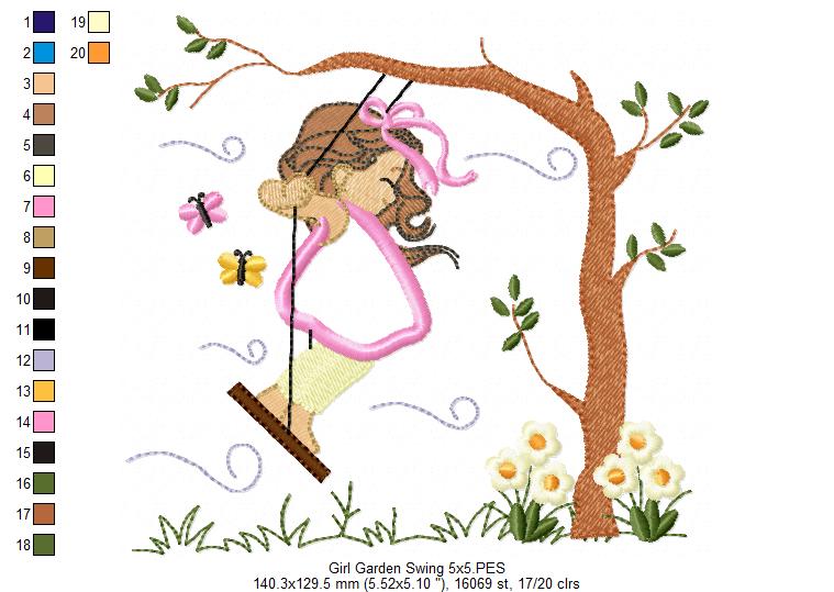 Girl on Garden Swing - Applique - Machine Embroidery Design
