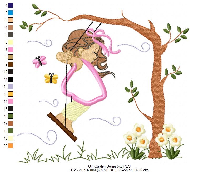 Girl on Garden Swing - Applique - Machine Embroidery Design