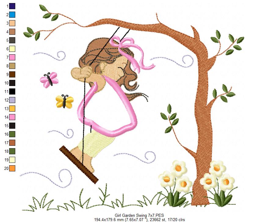 Girl on Garden Swing - Applique - Machine Embroidery Design
