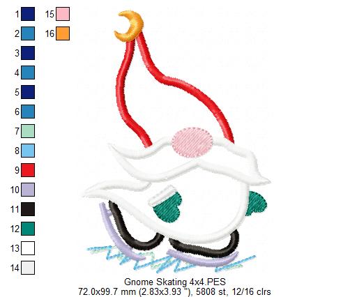 Winter Gnome Skating - Applique - Machine Embroidery Design