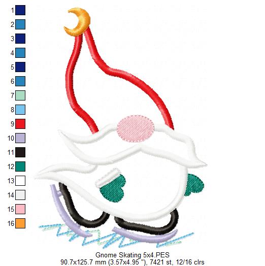 Winter Gnome Skating - Applique - Machine Embroidery Design