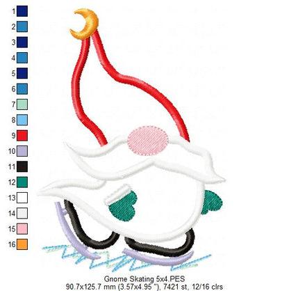 Winter Gnome Skating - Applique - Machine Embroidery Design