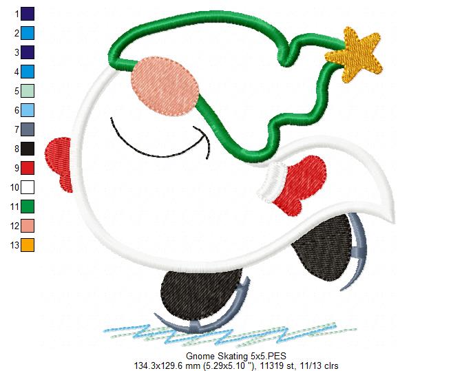 Gnome Skating - Applique - Machine Embroidery Design