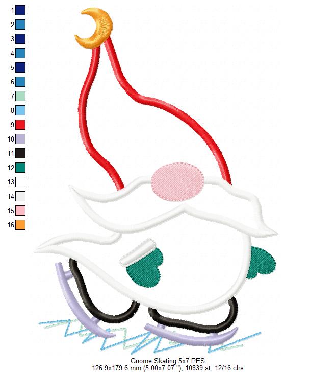 Winter Gnome Skating - Applique - Machine Embroidery Design