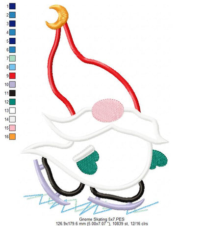 Winter Gnome Skating - Applique - Machine Embroidery Design