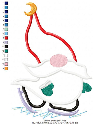 Winter Gnome Skating - Applique - Machine Embroidery Design
