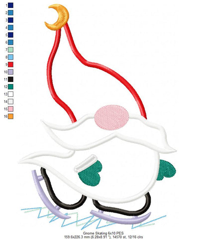 Winter Gnome Skating - Applique - Machine Embroidery Design