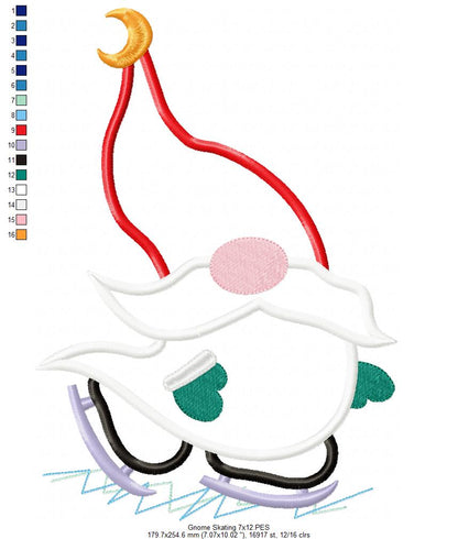 Winter Gnome Skating - Applique - Machine Embroidery Design