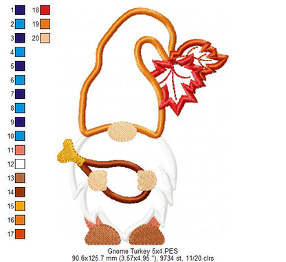 Thanksgiving Gnome with Turkey Drumstick - Applique Machine Embroidery Design