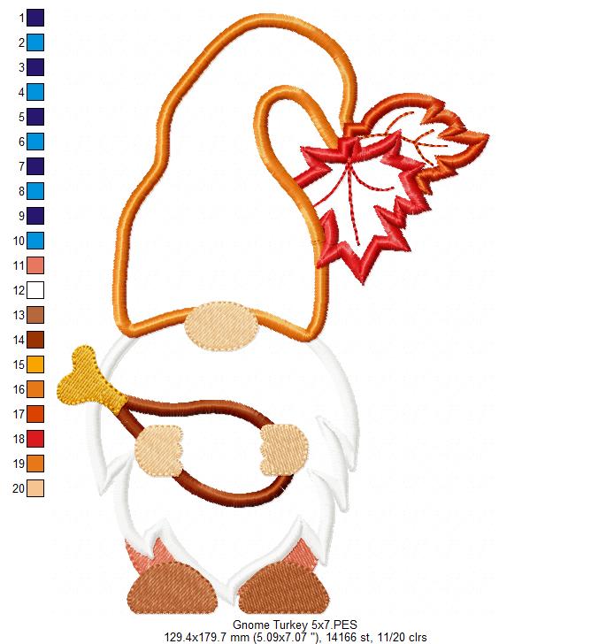 Thanksgiving Gnome with Turkey Drumstick - Applique Machine Embroidery Design