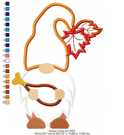Thanksgiving Gnome with Turkey Drumstick - Applique Machine Embroidery Design