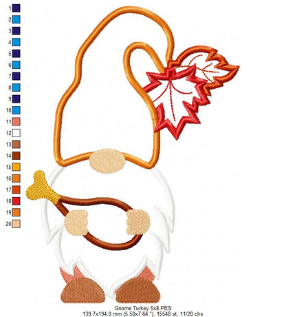 Thanksgiving Gnome with Turkey Drumstick - Applique Machine Embroidery Design