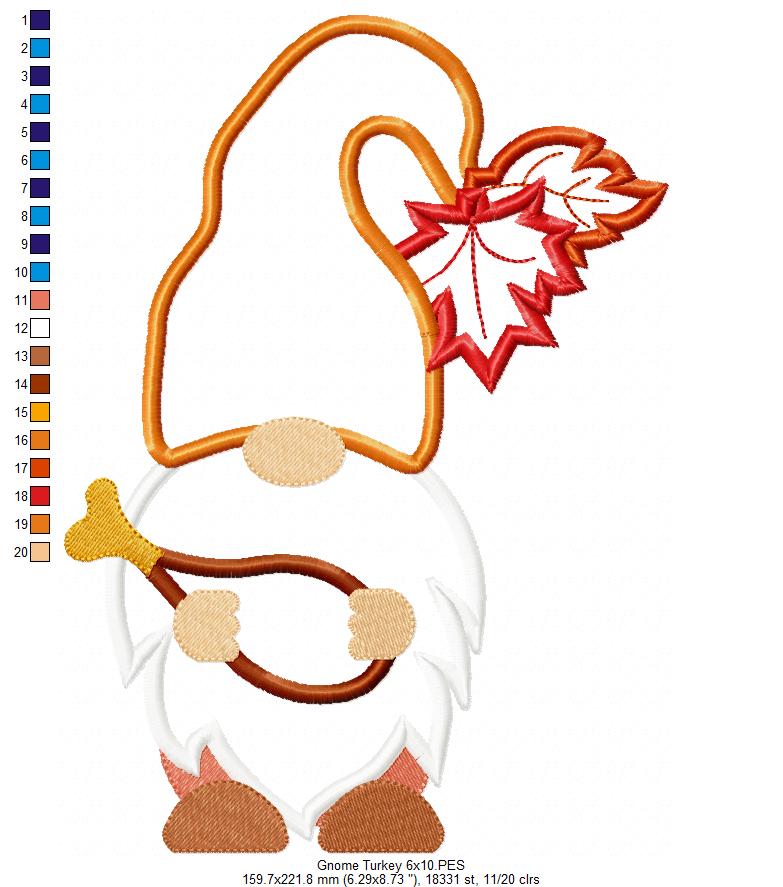 Thanksgiving Gnome with Turkey Drumstick - Applique Machine Embroidery Design