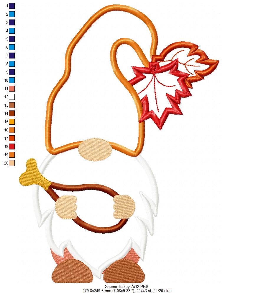 Thanksgiving Gnome with Turkey Drumstick - Applique Machine Embroidery Design