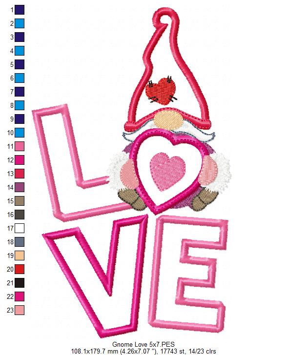 Valentine Gnome LOVE 💘 – Applique - Machine Embroidery Design
