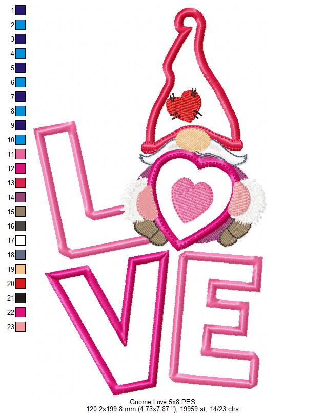 Valentine Gnome LOVE 💘 – Applique - Machine Embroidery Design