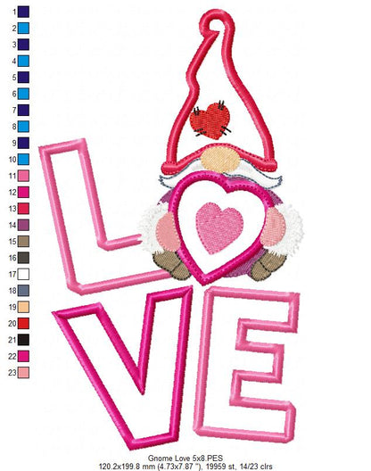 Valentine Gnome LOVE 💘 – Applique - Machine Embroidery Design