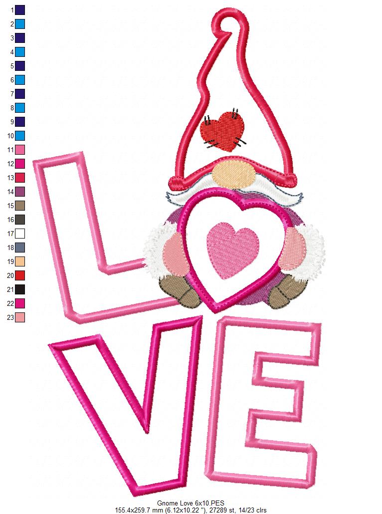 Valentine Gnome LOVE 💘 – Applique - Machine Embroidery Design