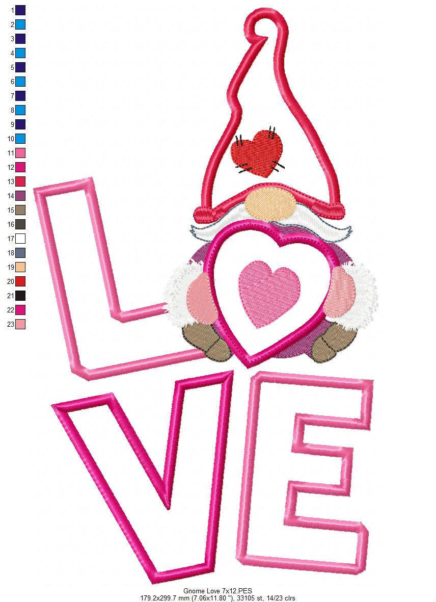 Valentine Gnome LOVE 💘 – Applique - Machine Embroidery Design