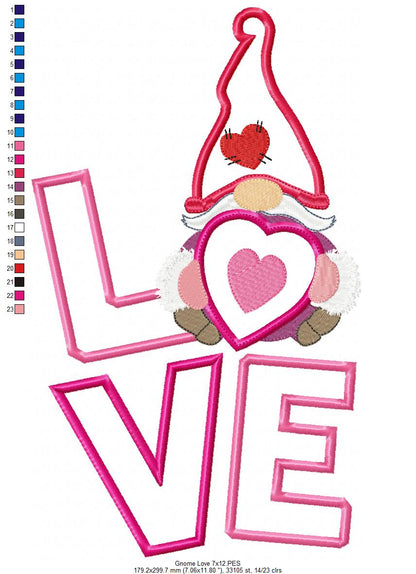 Valentine Gnome LOVE 💘 – Applique - Machine Embroidery Design